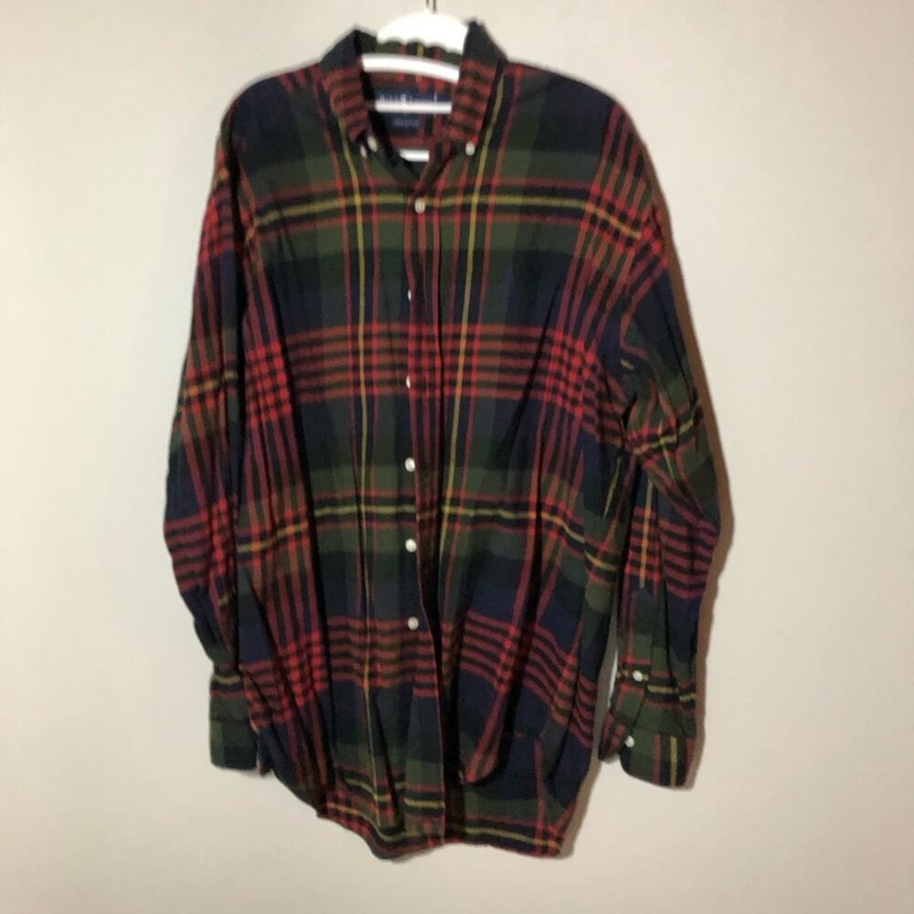 Ralph Lauren cotton flannel plaid long sleeve button up shirt red blue mens M